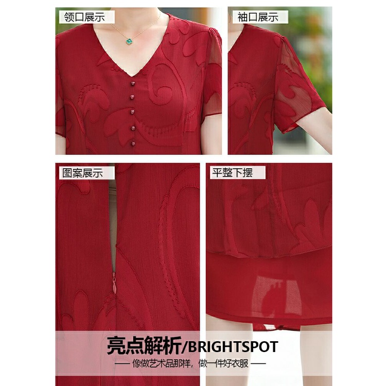 Đầm tay ngắn phối ren màu đỏ thời trang mùa hè sang trọng cho nữ trung niên