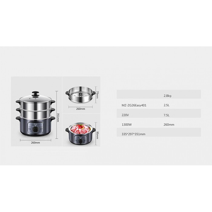 Nồi hấp điện 3 tầng MIDEA 10L MZ-ZG26EASY401 - Bảo hành 1 tháng