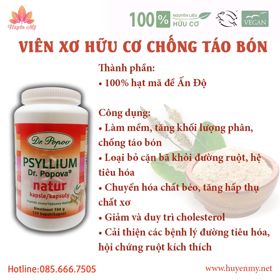 Viên Xơ Psyllium Giảm Cân, Detox Gan - Hệ Tiêu Hóa, Chống Táo Bón 120 viên