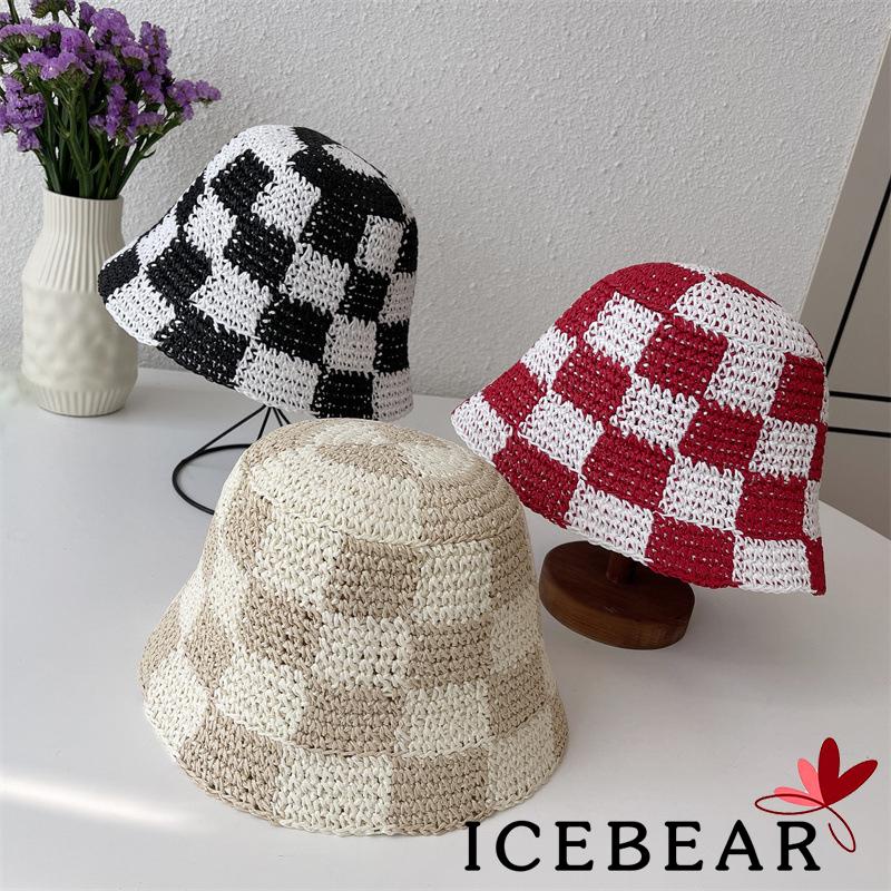 ICE-Women Bucket Hat Plaid Pattern Woven Style Hollow-Out Fisherman Hats Ladies Sweet Beach Head Wear