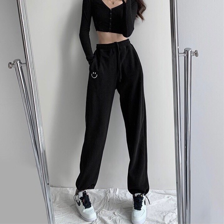 Quần Boom Ống Rộng Bo Gấu Unisex, Quần Nỉ Jogger Nam Nữ THÊU HÌNH MẶT CƯỜI Siêu Đẹp Đủ 3 Màu PIGI Store Mã 45