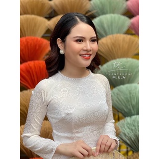 áo dài gấm tơ hỏi cưới trắng cổ tròn, áo dài gấm trắng big size s-m-xl-xxl