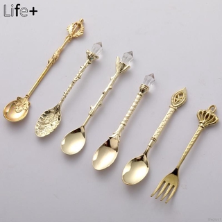 Bộ 6 Thìa Nĩa Retro Thời Gian Nhỏ Khắc Món Tráng Miệng Thìa Phong Cách Hoàng Gia Thìa Trang Trí Trái Cây Nĩa Kim Loại Vàng Chạm Khắc Thìa Cà Phê Món Tráng Miệng Muỗng Cà Phê Dụng Cụ Nhà Bếp