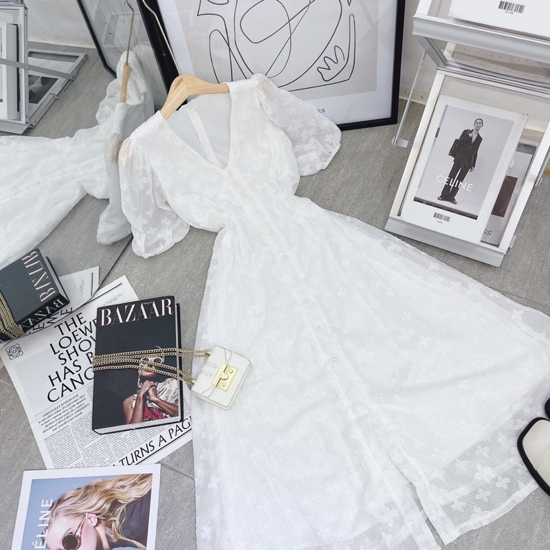 ĐẦM HOA NỔI MIDI RÃ NGỰC CỔ V