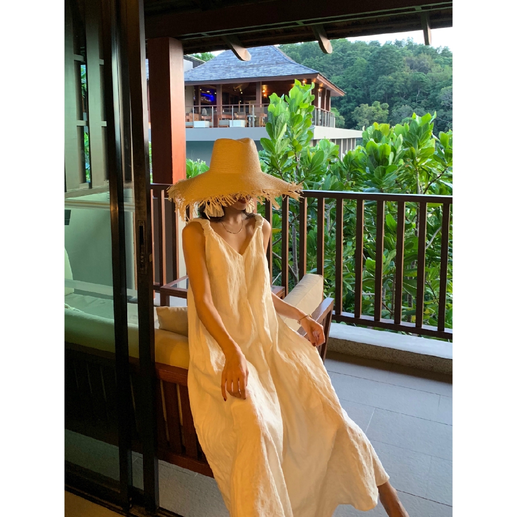 Đầm cotton lanh màu trắng thời trang đi biển xinh xắn | BigBuy360 - bigbuy360.vn