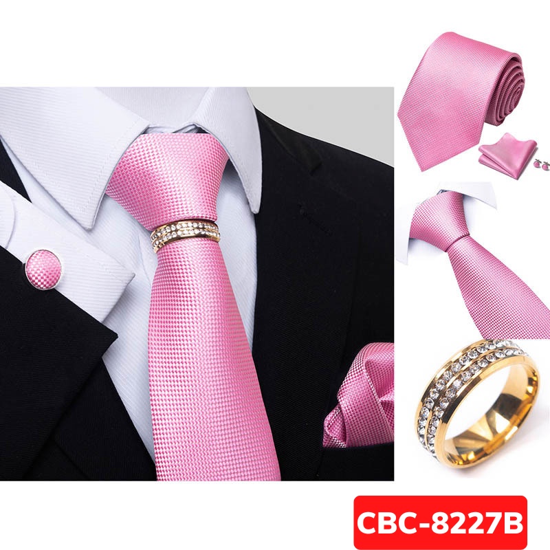 Bộ Cà vạt 4 món gồm Cavat 8cm, khăn cài túi, Măng-set, Nhẫn tròn phụ kiện, Cravat chú rể, Calavat công sở CBC-8227