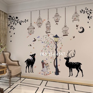 Decal dán tường Combo 3 tranh cô gái cột đèn + đôi nai + dây thả lồng chim