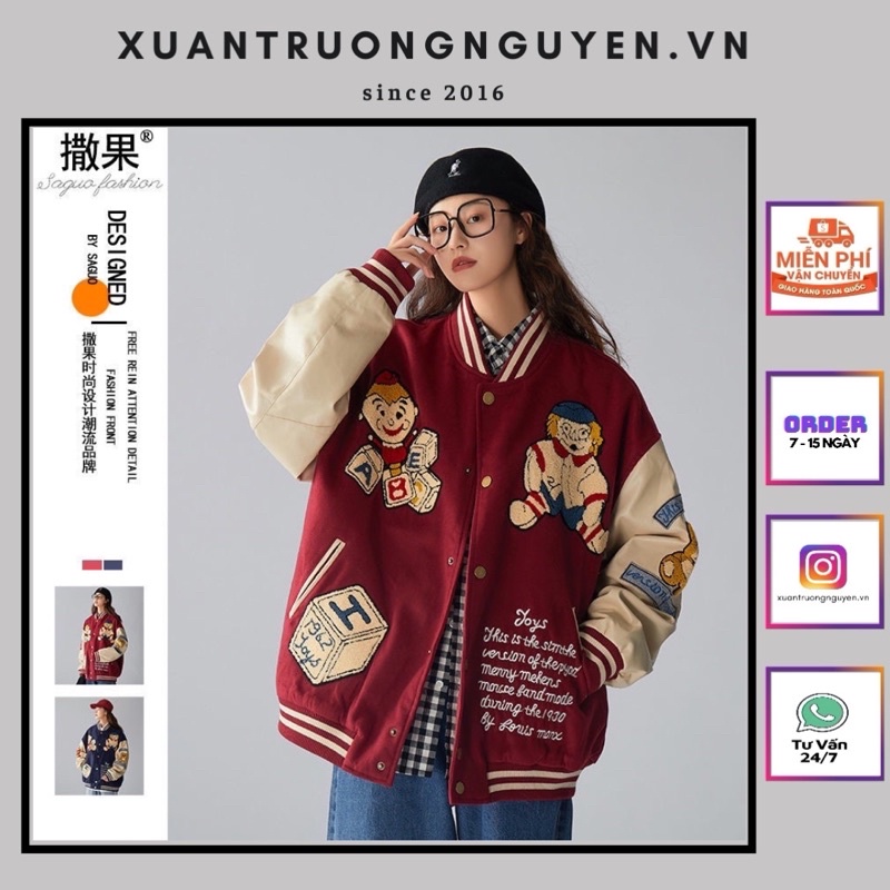 Áo khoác bomber jacket varsity nam nữ tay da thêu hình Gấu ABC phong cách bóng chày màu đỏ mới