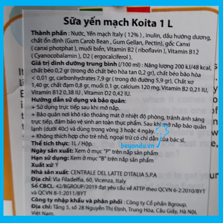 Sữa hạt yến mạch Koita 1l không thêm đường, có bổ sung canxi