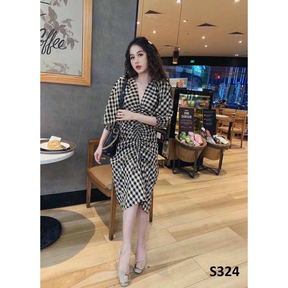 Đầm Kiểu Kate Caro Dày Mịn Cổ Chữ V Nhún Giữa Tay Dài Cực Xinh TTSA1612