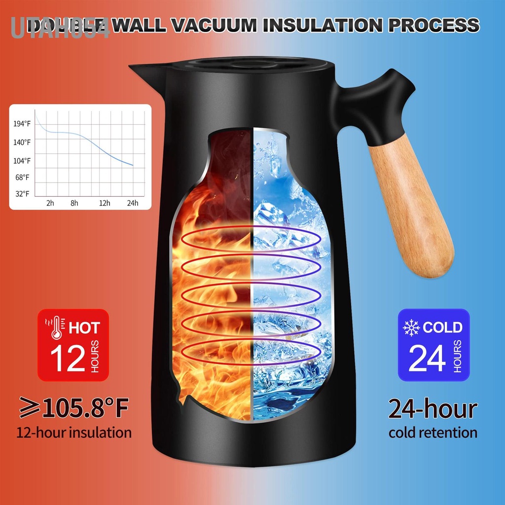 [Hàng Sẵn] 1L Cà phê nhiệt Carafe 12h Cách Bình giữ Olecranon nước có tay cầm bằng gỗ để cắm trại tại nhà đi bộ đường dài【Utah054】