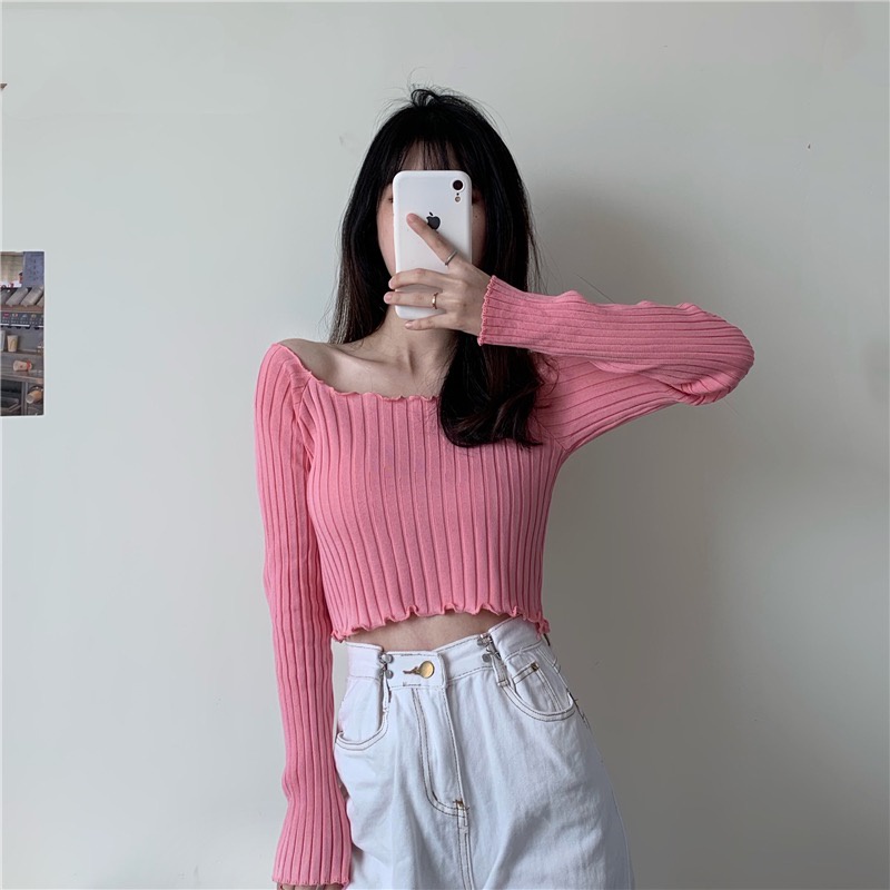 MS217 Áo len nữ dài tay viền bèo croptop kẻ sọc
