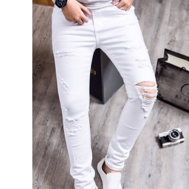 Quần jean nam trắng rách gối chất bò co giãn cao cấp mẫu mới nhất AHFASHION | BigBuy360 - bigbuy360.vn