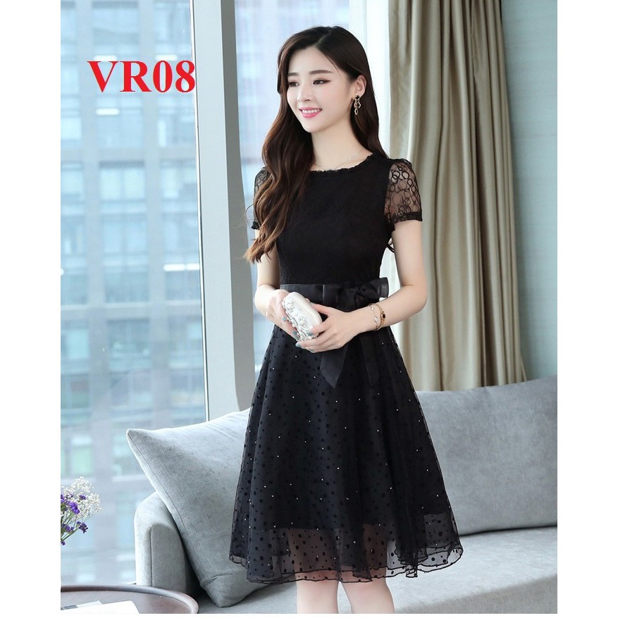 Đầm ren xòe chấm bi, đính kim sa và thiết kế sang trọng chất ren mềm mịn VRO8_ ANI FASHION-KHO BUÔN CHUYÊN SỈ LẺ