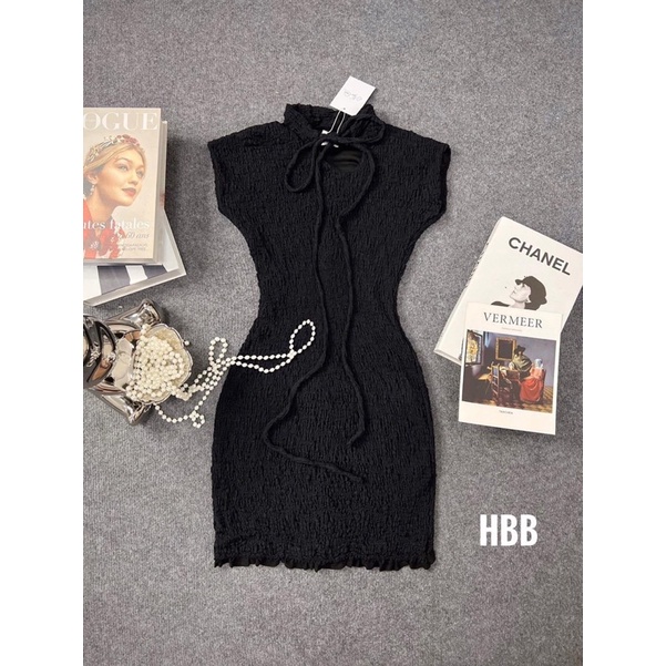 Đầm Body thun Xốp QC Cột dây cổ cách điệu- Kèm hình thực chụp