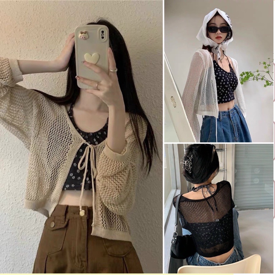 Set Áo Croptop Hoa Cổ Yếm Dây Buộc Kèm Áo Cardigan Len Lưới