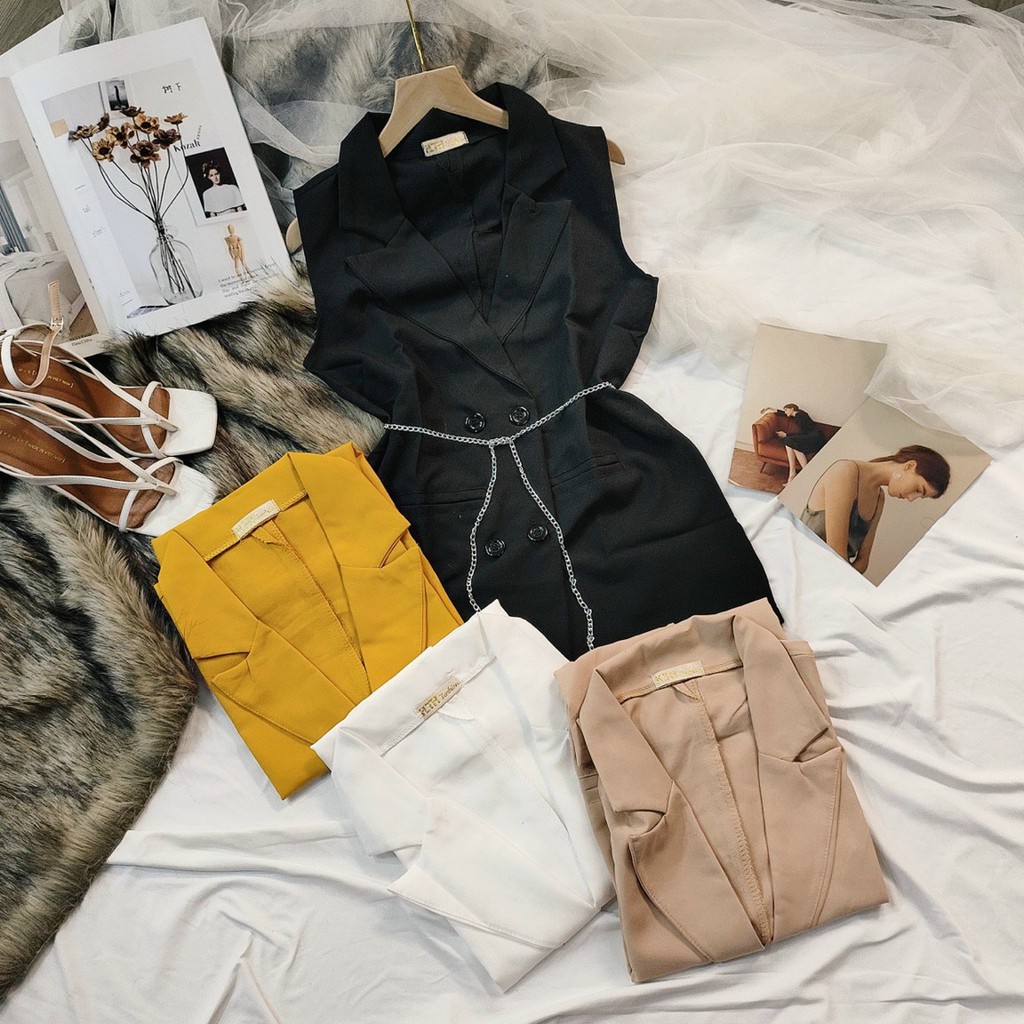 Áo vest blazer nữ cộc tay JOY BABE🥀 kèm dây xích thắt eo, mix nhiều kiểu form dài đen trắng suông trơn công sở VEST 3