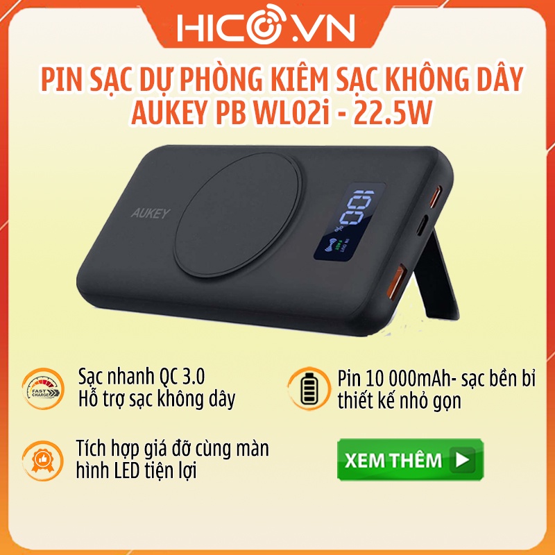 Pin Sạc Dự Phòng Kiêm Sạc Không Dây Aukey 10000MAH PB-WL02i Tổng Công Xuất 22.5W - Hàng Chính Hãng - Bảo Hành 18 Tháng