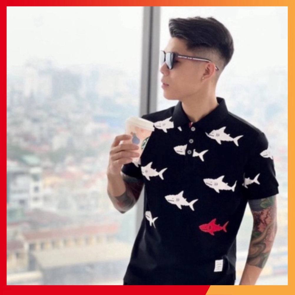 Áo polo đen trắng, tay ngắn, chất cotton thoáng mát, áo unisex đẹp cao cấp in cá mập 5D cực sịn sò