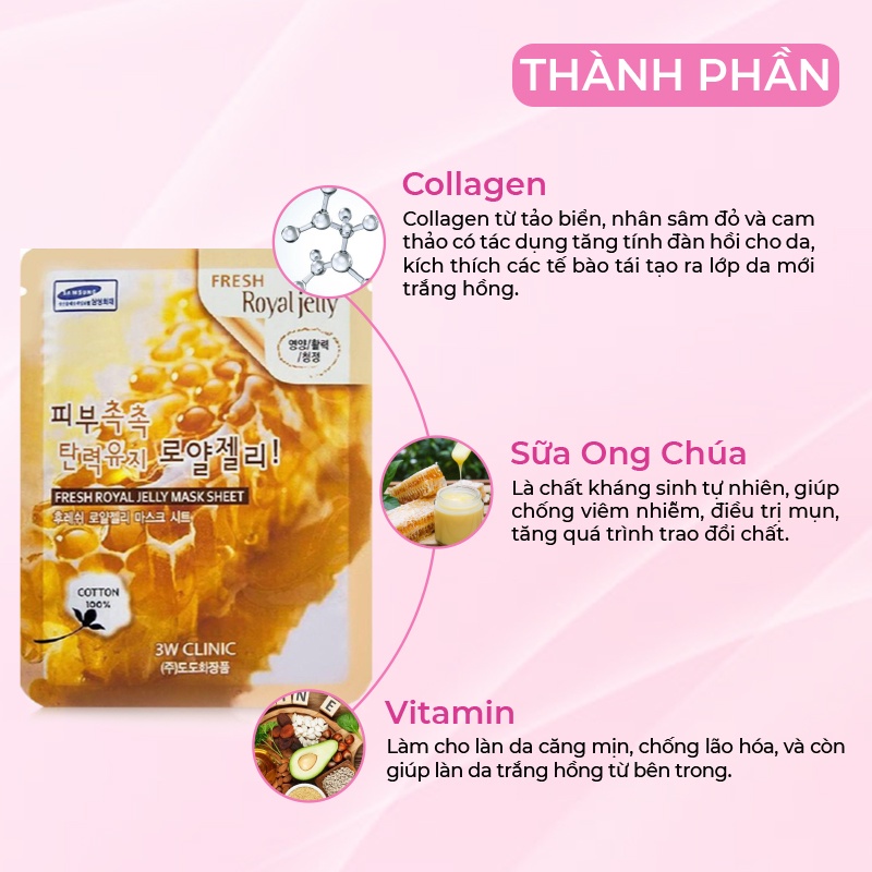 Mặt nạ giấy dưỡng da 3W Clinic Hàn Quốc chiết xuất từ sữa ong chúa dưỡng ẩm chống lão hóa và mềm mịn da lẻ miếng 23ml