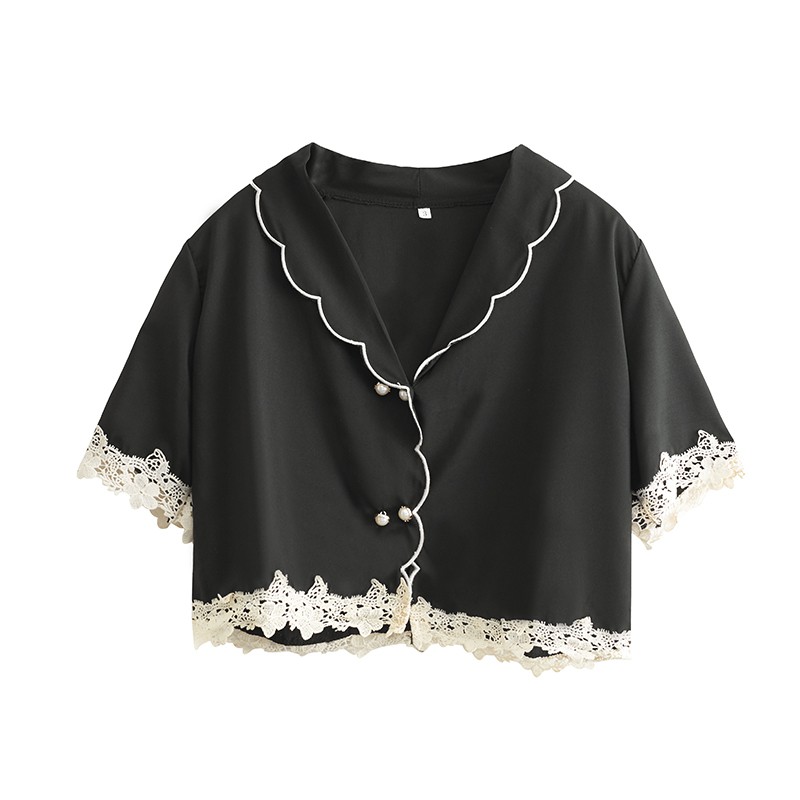 IELGY   Áo Sơ Mi Ngắn Tay Phối Ren Phong Cách Pháp Cổ Điển Thiết Kế Mới 2020 Dành Cho Bạn Nữ