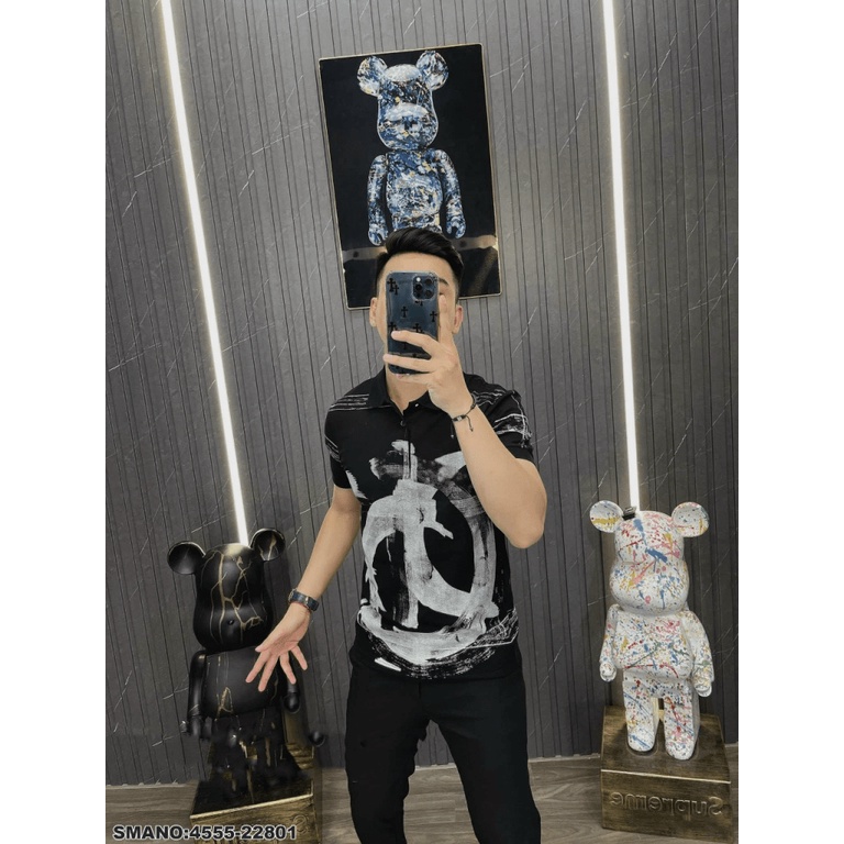 Áo Thun Nam Cổ Trụ Chất Cotton Mềm Mát In Loang 2 Màu Trắng Đen Form Chuẩn Mặc Đẹp Hot Trend NEW UNISEX