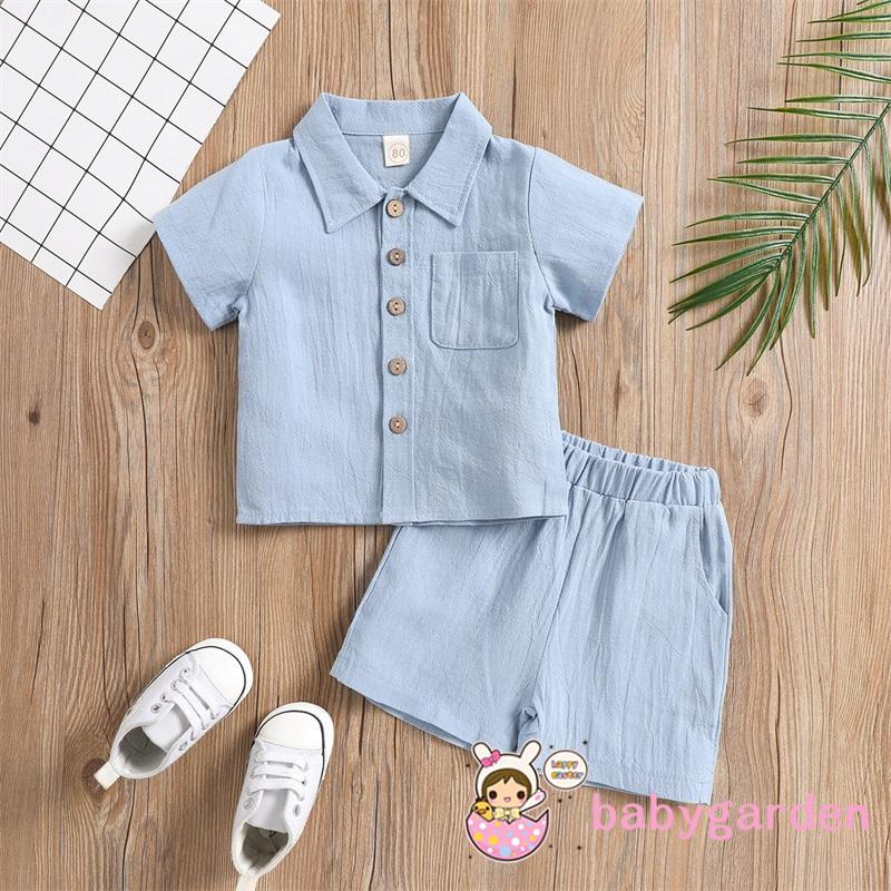 Set Áo Sơ Mi Tay Ngắn Và Quần Short Màu Trơn Thời Trang Hè Thu Cho Bé Trai Từ 6 Tháng Đến 4 Tuổi