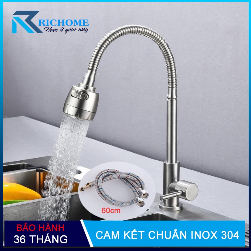 Vòi rửa chén bát nóng lạnh cắm chậu QH-CF031 Inox 304 cần lò xo đầu xả tăng áp 2 chế độ -Bảo hành 03 năm