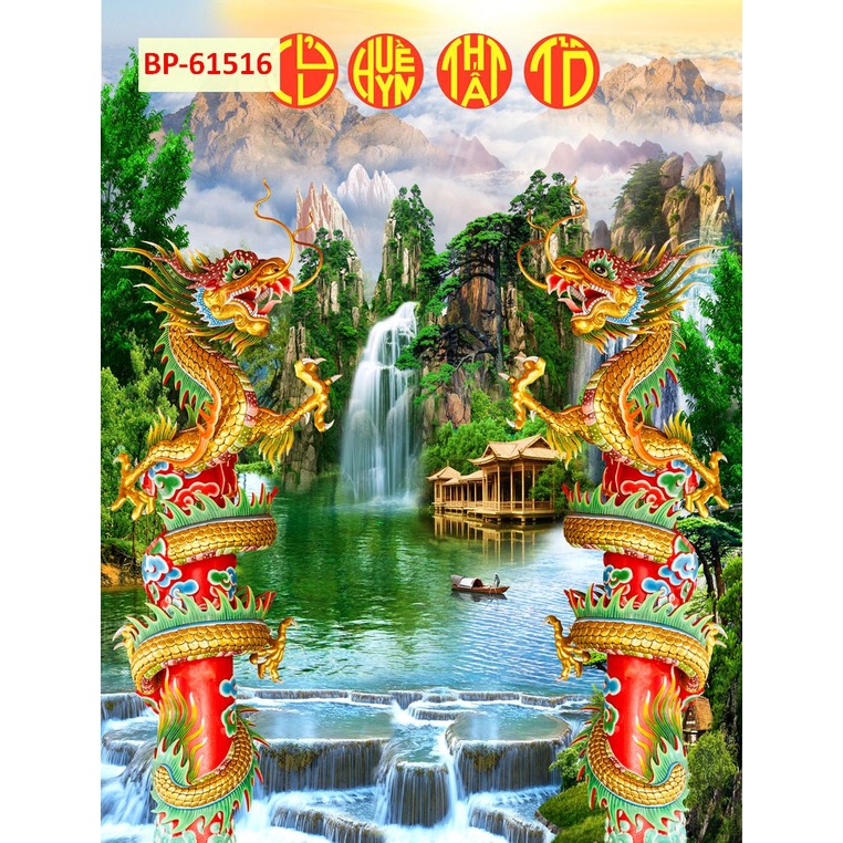 Tranh 3d dán tường phòng thờ, bàn thờ có chữ hán tặng keo và dụng cụ dán
