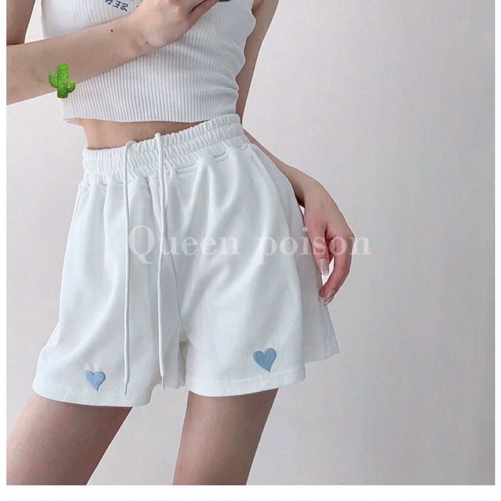 Quần short thêu tim thun da cá tập thể dục tập gym pc