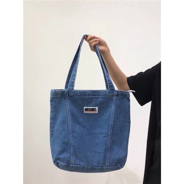 Túi tote đeo vai vải jean denim cỡ lớn MISCHIEF ulzzang Hàn Quốc (có sẵn)