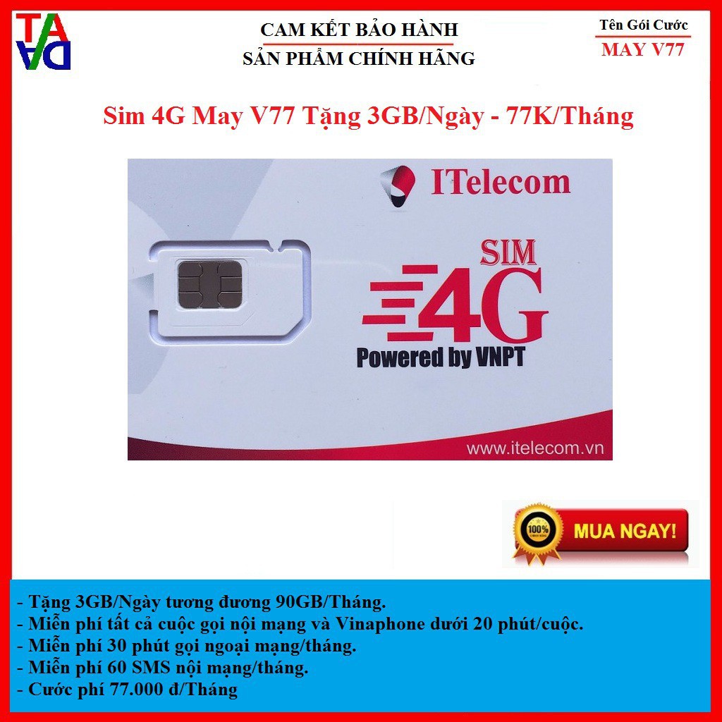 SIM 4G ITELECOM SỬ DỤNG SÓNG VINA V77 77K THÁNG 90GB - SIM ITELECOM CHUẨN 4G