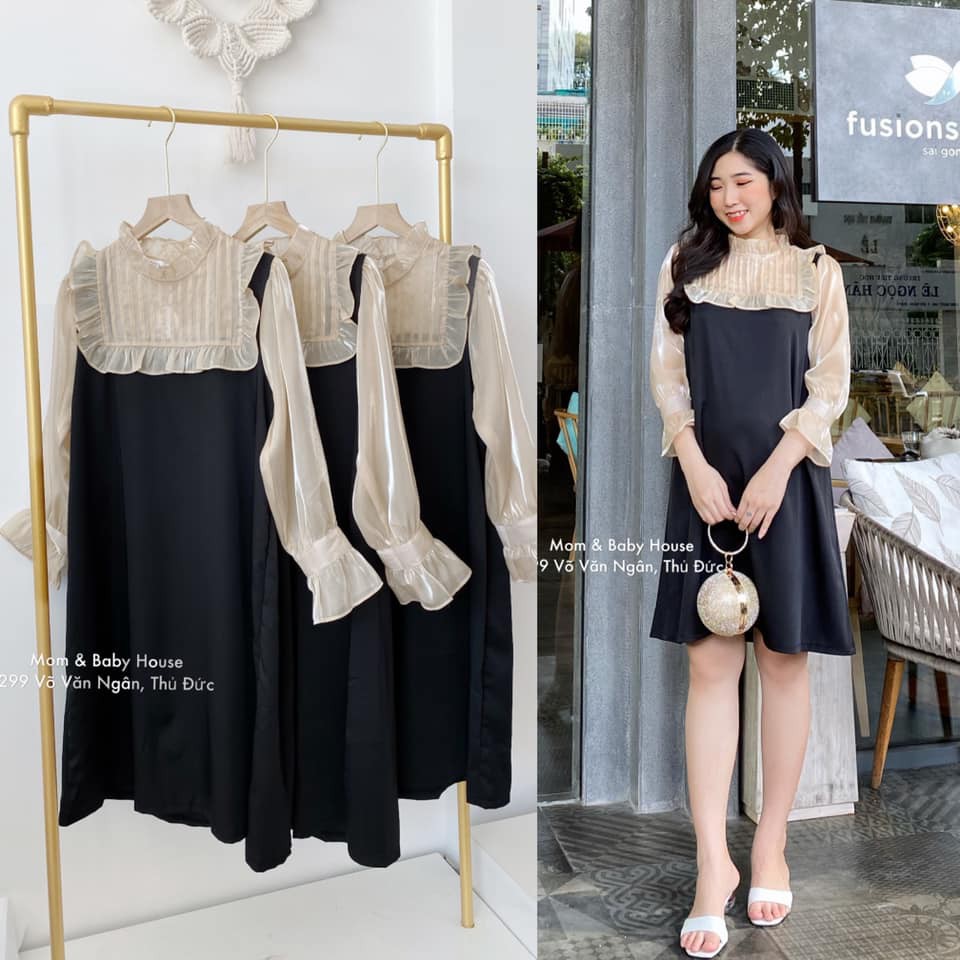 EVERMOM | Đầm bầu tiểu thư tay bo phồng cổ bèo