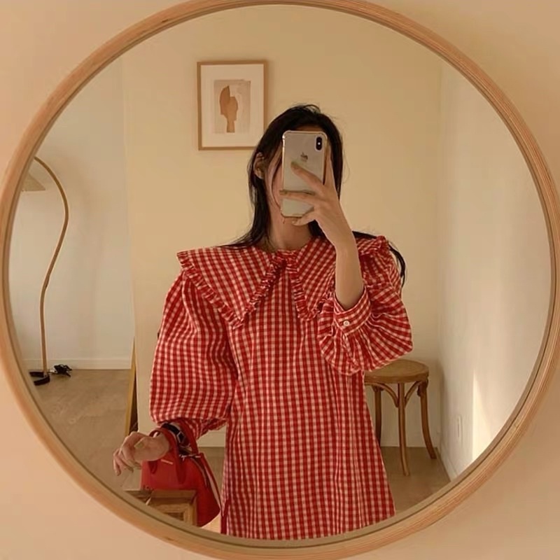 Đầm sơmi tay bồng sọc ca rô xinh xắn phong cách ulzzang SAM SAM BOUTIQUE
