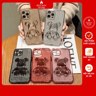Ốp lưng iphone gấu kaws kim tuyến ốp iphone viền cạnh vuông in gấu nổi 3d