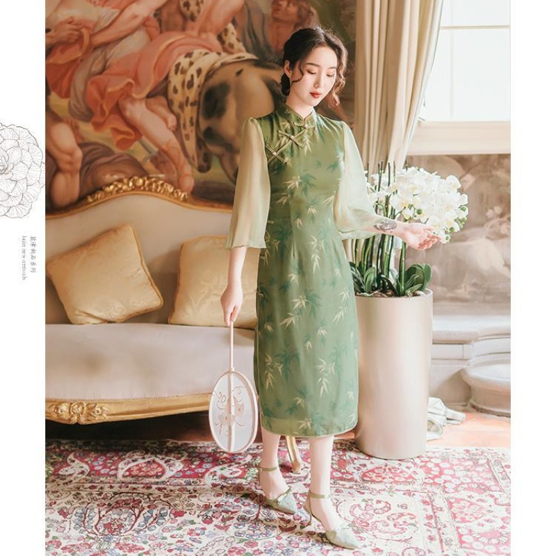 Đầm Sườn Xám Cách Tân Tay Ngắn In Họa Tiết Cây Tre Phong Cách Trung Hoa Thời Trang Mùa Hè Mới Cho Nữ