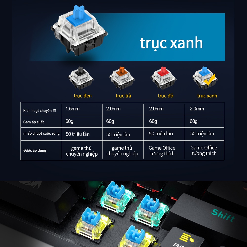Bàn Phím Cơ Game Redragon Jax K613 Blue Switch 61 Phím Dây Cáp Tháo Rời Tiện Lợi công tắc xanh