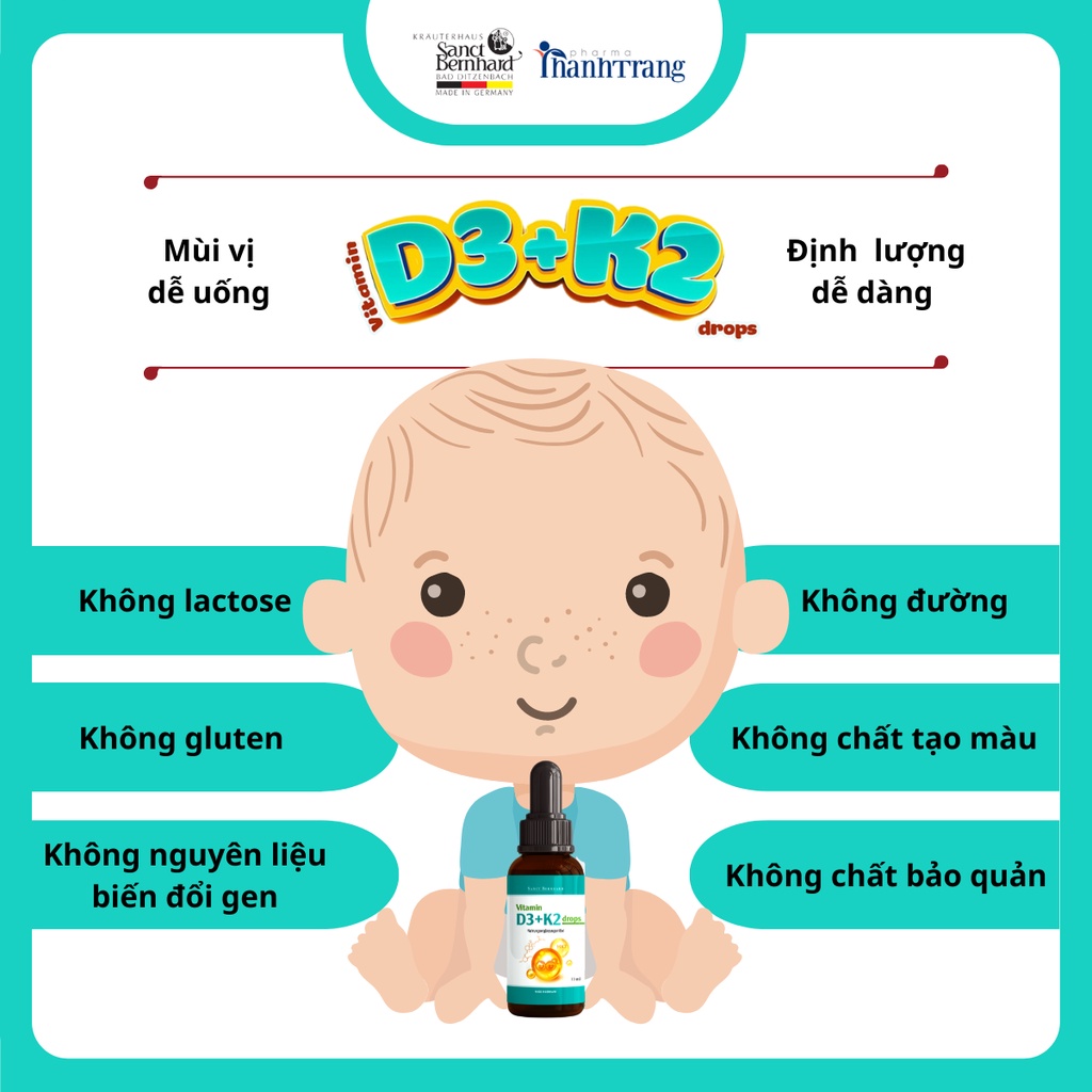 Vitamin D3 K2 MK7 Sanct Bernhard Đức tăng hấp thu Canxi trong 1 giọt, viên uống bổ sung canxi cho bé