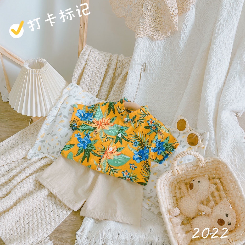 Bộ đi biển bé trai chất đũi cổ trụ in hoa lá mặc mùa hè cho bé trai Moon kids fashion