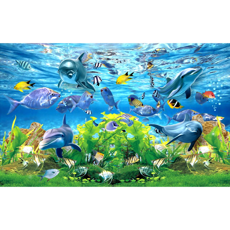 Tranh dán tường 3D phong cảnh đại dương cá heo - VẢI LỤA phủ kim sa (kích thước theo yêu cầu)