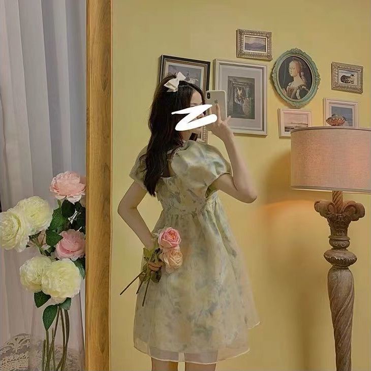 Đầm Chữ A Lưng Cao Mùa Hè Màu Xanh Lá Trà Xanh Lá Phong Cách Mới Cho Nữ Sinh