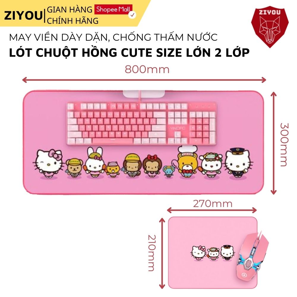 Lót Chuột Game Ziyou Hình Hello Kitty Siêu Cute, Pad Cỡ Lớn 800mmx300mm May Viền 2 Lớp Dày Chống Thấm Nước