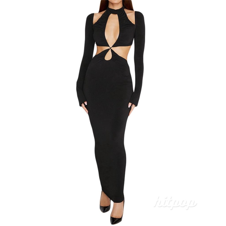 Hitpop-Women Cut Out Dress, Long Sleeve Halter Neck Solid Color Hollow Pleated Slim Fit One Piece Skirt