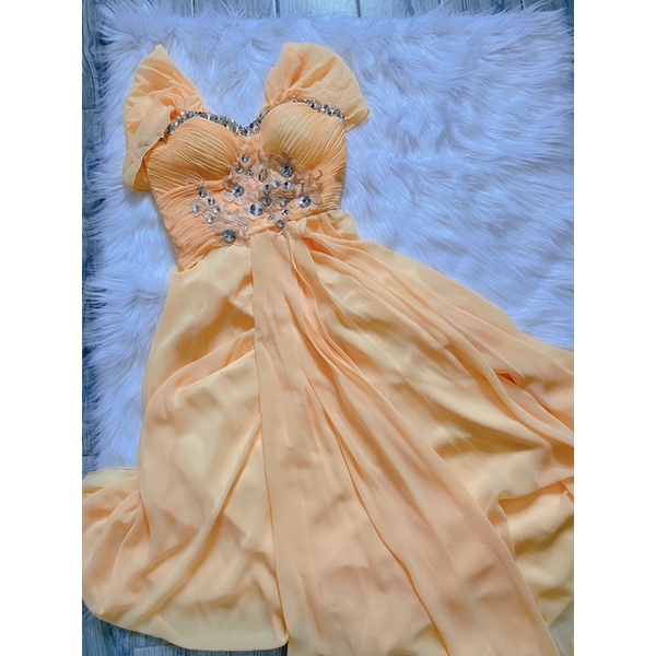 (THANH LÝ) ĐẦM DẠ HỘI MÀU CAM PASTEL MẶC NHIỀU KIỂU