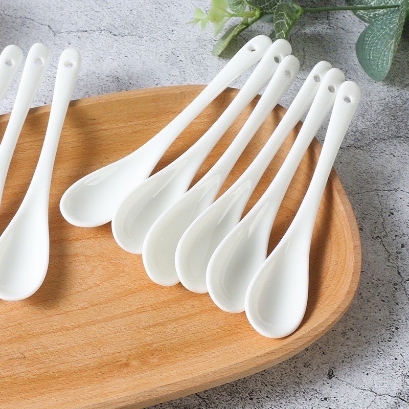 Thìa Sứ Trắng Cán Dài Cao Cấp