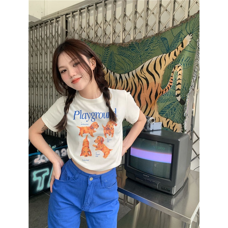 Áo Thun Nữ Tay Ngắn In Hình Chó Dễ Thương