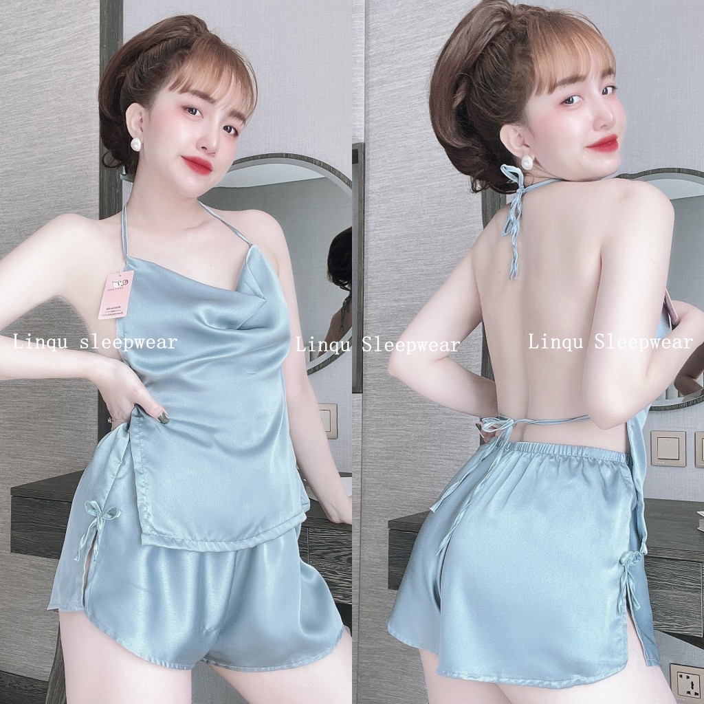 Yếm ngủ sexy cột dây lưng gợi cảm chất satin mặc ngủ thoải mái Freesize dưới 60kg - Linqu Sleepwear