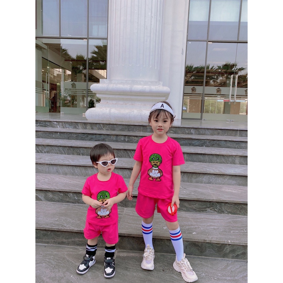 [ XẢ HÀNG] Bộ cộc tay bé gái, bộ cotton hình vịt thêu kim sa cho bé size 20-35kg