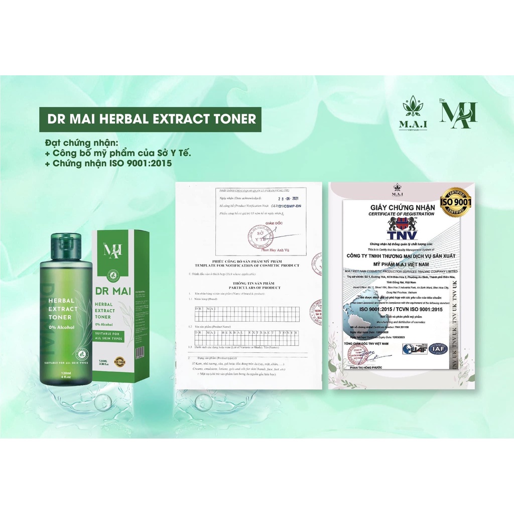 Toner Dr Mai Herbal Extract giúp dưỡng ẩm, se khít lỗ chân lông và giảm thâm mụn 120ml