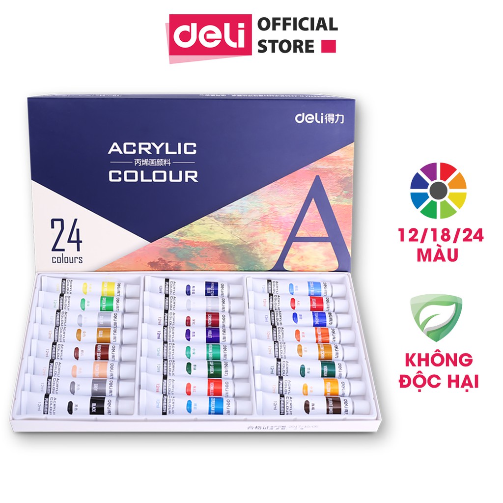 Màu vẽ acrylic dạng tuýp 12ml chuyên nghiệp Deli  - vẽ vải / quần áo / giày - 12/18/24 màu - 73856 / 3857 / 73858